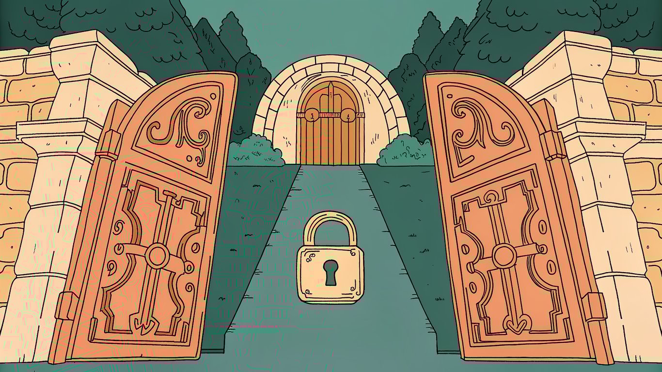 Illustration of a secure, one-way gate emphasizing strict rules and non-reversibility of transfers.